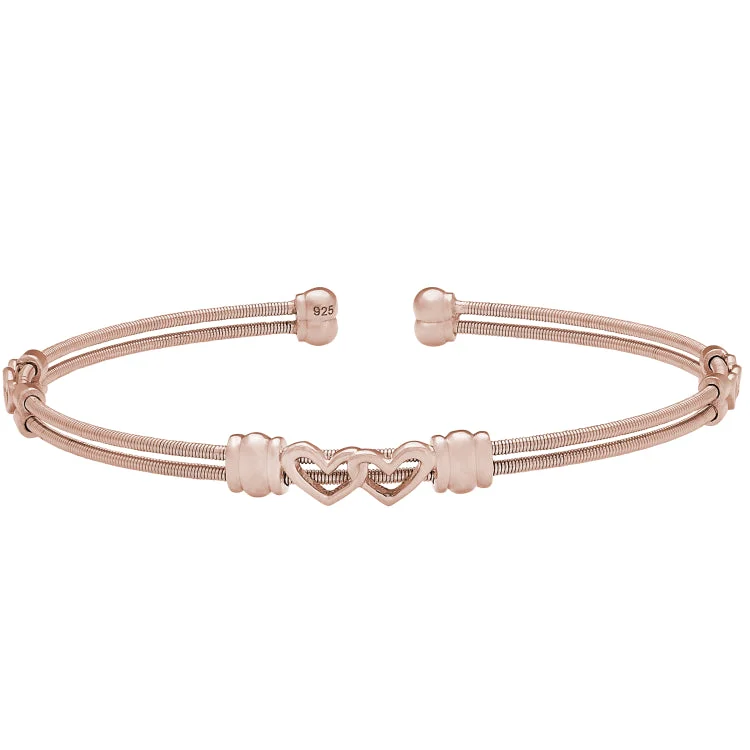 Ladies Bracelets with Triangle Glow-Rose Gold Finish Sterling Silver Two Cable Cuff Bracelet with Two Linked Hearts