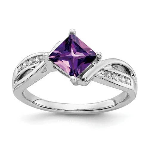 Ladies fanciful twist rings -14k White Gold Amethyst Square and Diamond Ring