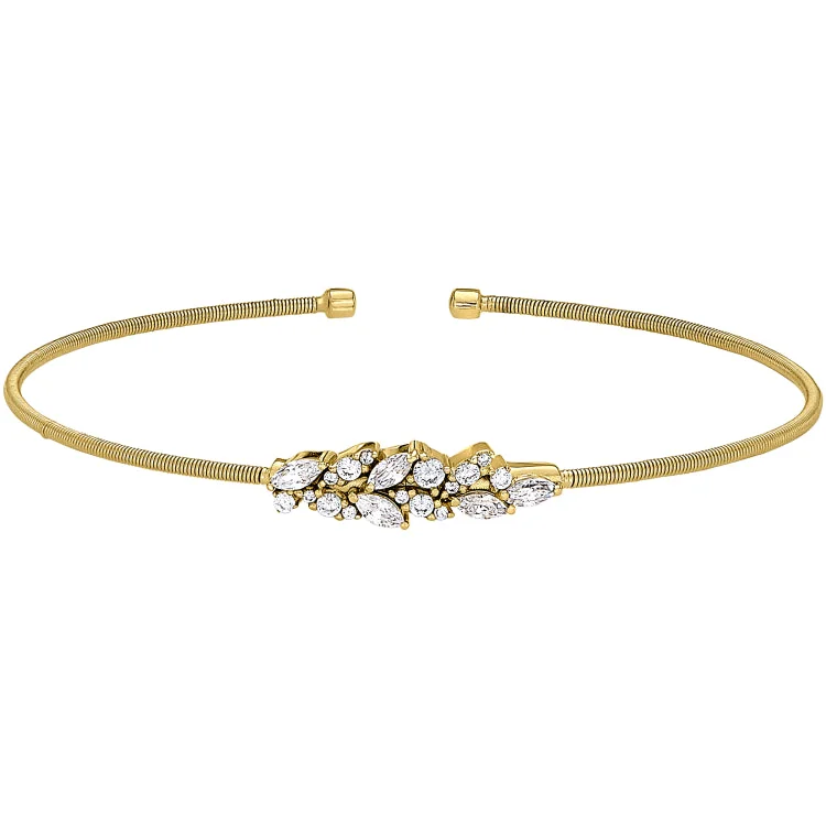 Ladies Bracelets Pure Glow-Gold Finish Sterling Silver Cable Cuff Bracelet with Simulated Diamond Leaf Pattern