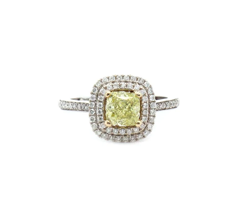 Ethical gleam engagement rings -1.01ct Cushion Intense Yellow Diamond & 0.33ctw Diam Double Engagement Ring 18K