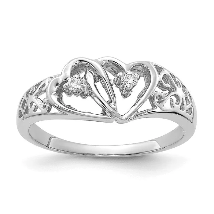 Ladies planetary orbit rings -14k White Gold VS Diamond 2 Stone Filigree Double Heart Ring