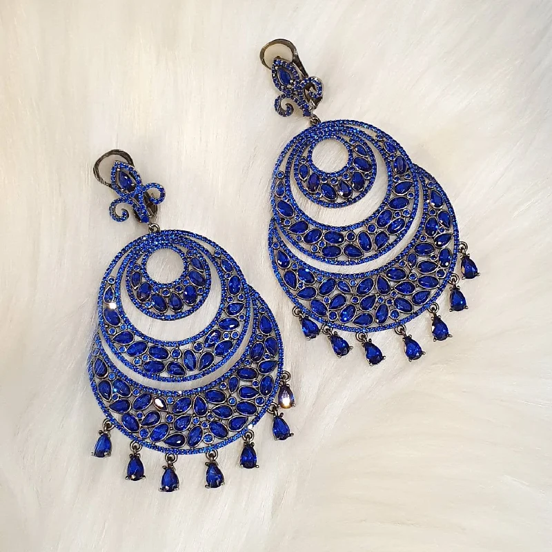 Ladies forest hush earrings -Sapphire Blue Crystal Clip On Earrings by JCM Statement Chandelier