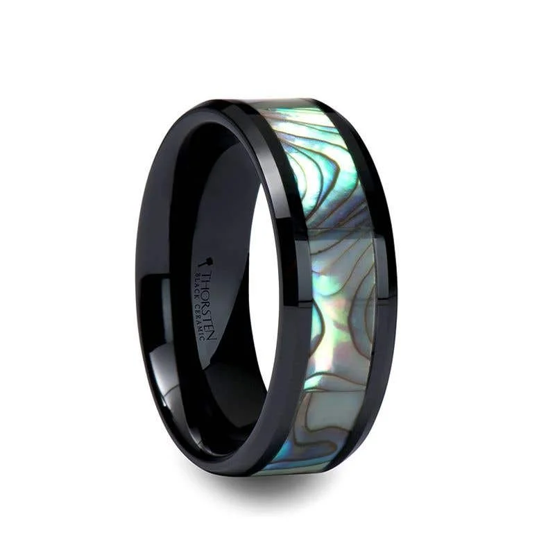 Ladies zirconia brilliance rings -Thorsten OAHU Beveled Black Ceramic Ring with Shell Inlay - 8mm