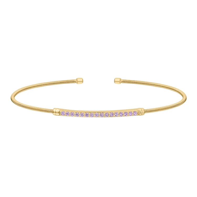 Ladies Bracelets with Feather Glow-Gold Finish Sterling Silver Cable Cuff Bracelet with Simulated Light Amethyst Birth Gems - June