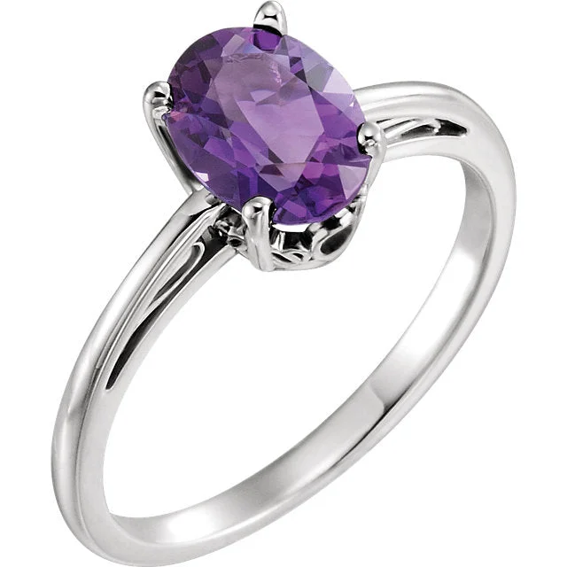 Ladies elegant solitaire rings -14K White Gold Oval Amethyst Scroll Set Ring