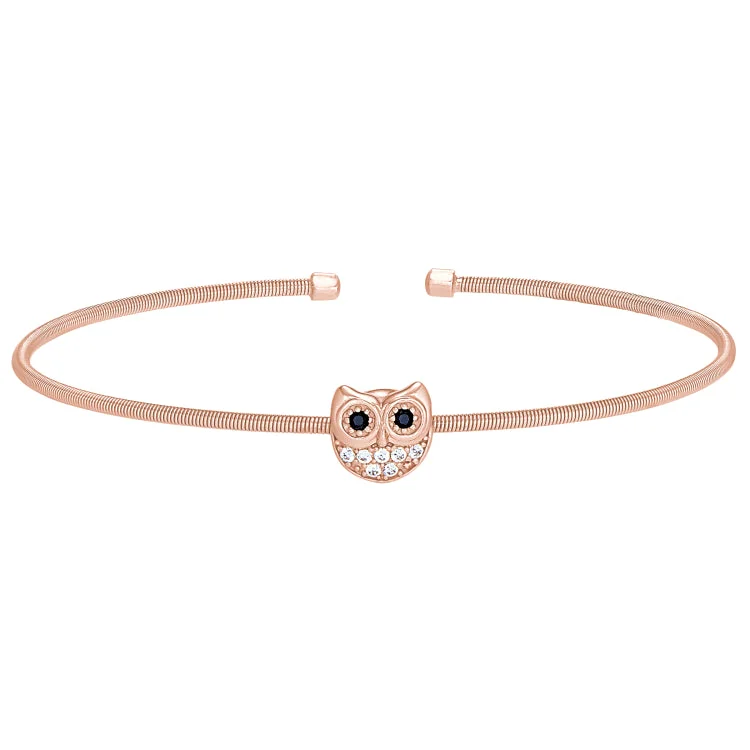 Ladies Bracelets with Grey Lawsonite-Rose Gold Finish Sterling Silver Cable Cuff Owl Bracelet with Simulated Diamonds