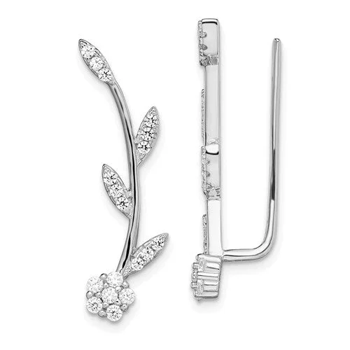 Ladies lock accent earrings -Sterling Silver CZ Flower and Stem Climber Earrings