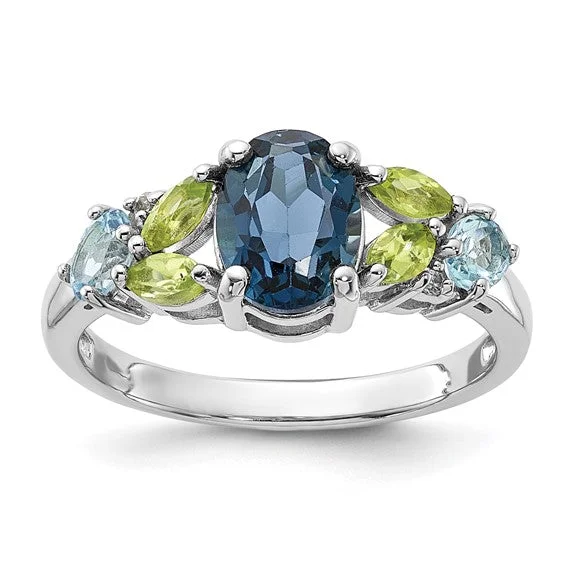 Ladies crisp geometric rings -Sterling Silver London Blue, Swiss Blue, White Topaz and Peridot Ring