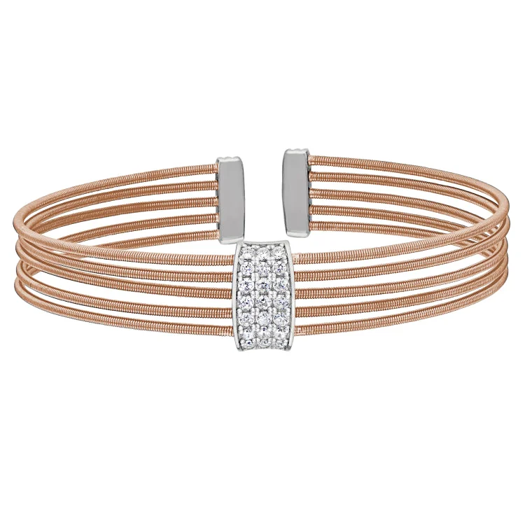 Ladies Bracelets with Globe Spark-Rose Gold Finish Sterling Silver Multi Cable Cuff Bracelet with Rhodium Finish Simulated Diamond Three Rows