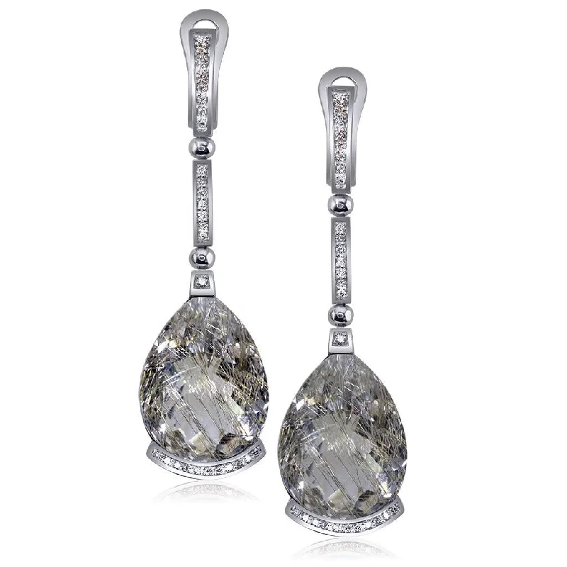 Ladies thick statement earrings -Gold Swan Drop Earrings with Rutilated Quartz & Diamond