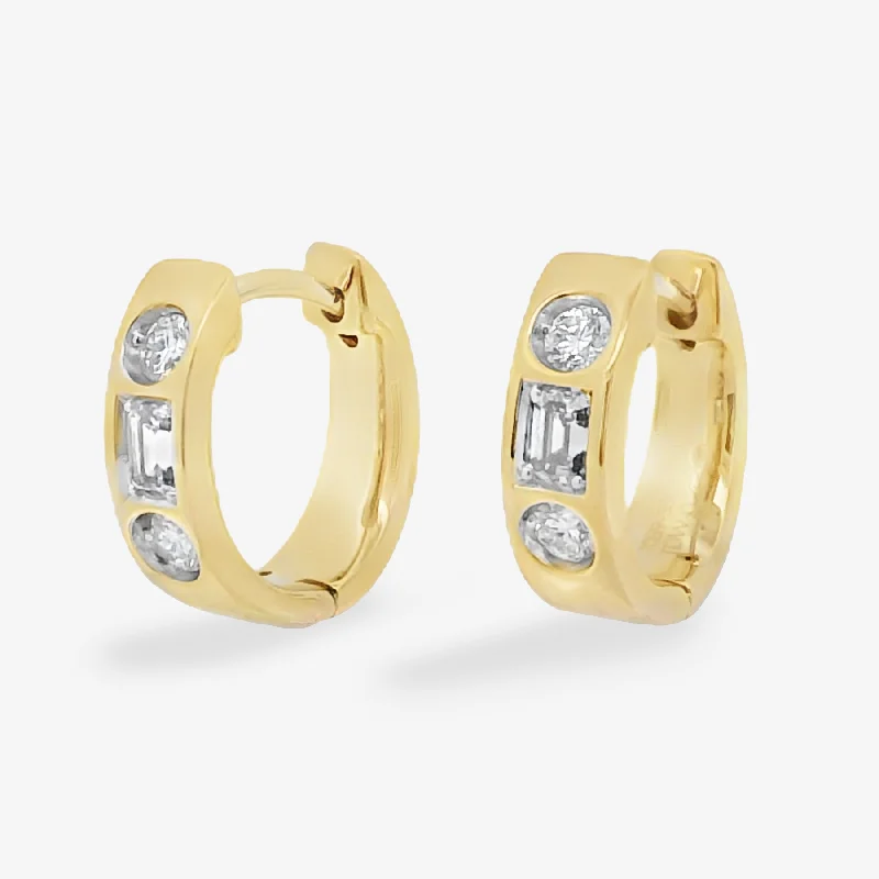 Ladies slim silhouette earrings -Burnished Emerald Cut & Round Diamond Huggie Earrings