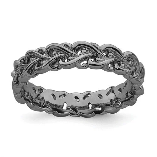 Ladies luxe platinum rings -Sterling Silver Stackable Expressions Black Plated Intertwined Hearts  Carved Ring