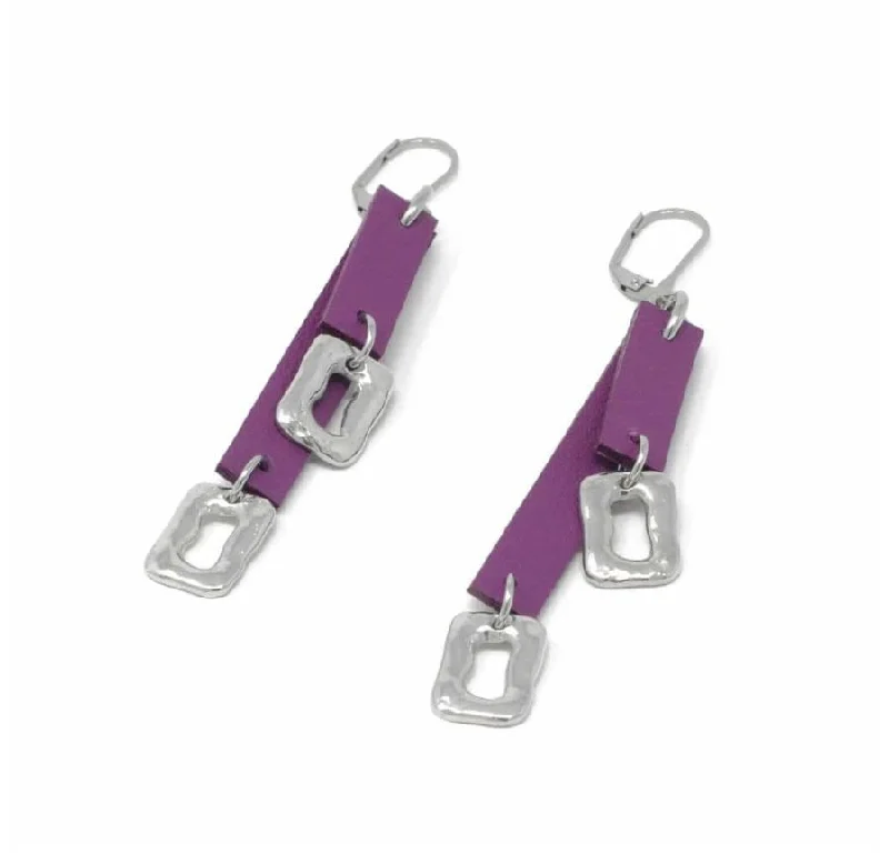 Ladies evening radiance earrings -Sobo Double Grape Leather and Small Ring Feature Earrings