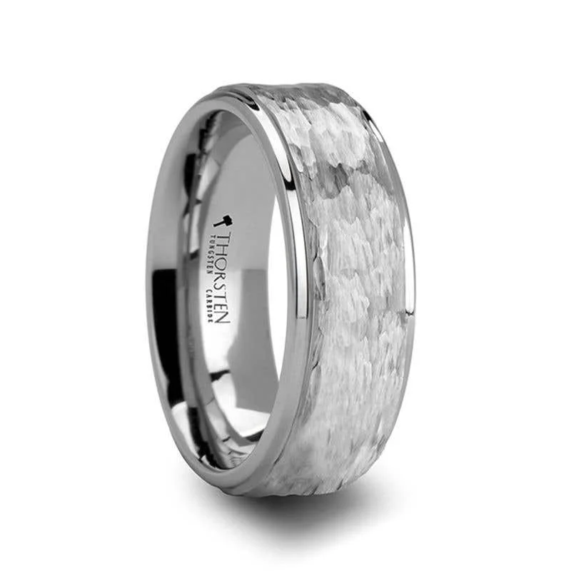 Ladies lively spirit rings -Thorsten WILSON White Tungsten Ring with Raised Hammered Finish and Polished Step Edges - 4mm - 10mm