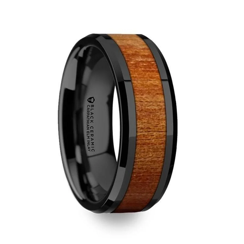 Ladies ancestral tribal rings -Thorsten THRACIAN Carpathian Wood Inlaid Black Ceramic Ring w/ Bevels