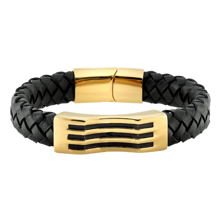 Ladies Bracelets for Mom Shine-Black Braided Leather Stainless Steel With Gold Bar and Black Lines Bracelet