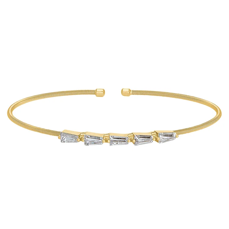 Ladies Bracelets with Sky Topaz-Gold Finish Sterling Silver Cable Cuff 5 Tapered Baguettes Bracelet with Simulated Diamonds