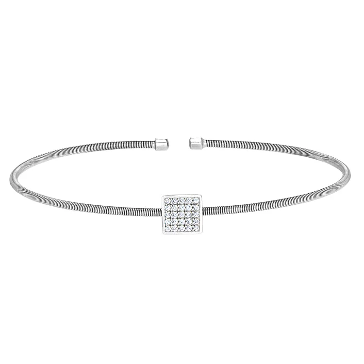 Ladies Bracelets with Key Spark-Rhodium Finish Sterling Silver Cable Cuff Square Bracelet with Simulated Diamonds