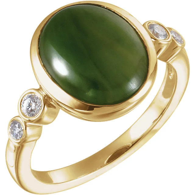 Ladies twinkling diamond rings -14k Yellow Gold Nephrite Jade & Diamond Accented Ring