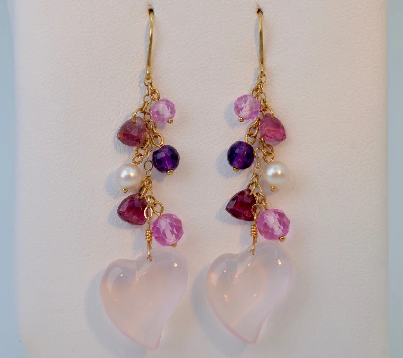 Ladies rural charm earrings -Rose-Quartz/Pearl Heart Dangle Earrings