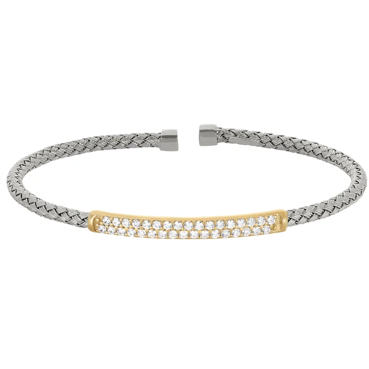 Ladies Bracelets for Night Spark-Rhodium Finish Sterling Silver Basketweave Cuff Bracelet with Gold Finish Simulated Diamonds