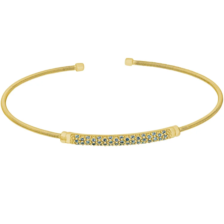 Ladies Bracelets for Sport Glow-Gold Finish Sterling Silver Cable Cuff Bracelet with Three Rows of Simulated Aquamarine Birth Gems - March