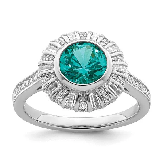 Ladies glossy finish rings -Sterling Silver White and Teal CZ Halo Ring