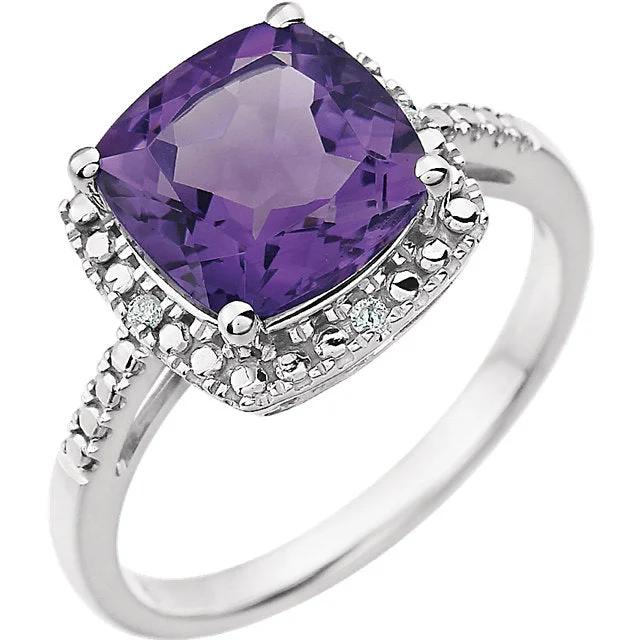 Ladies vivid painted rings -14k White Gold 9mm Cushion Cut Amethyst & Diamond Halo-Style Ring