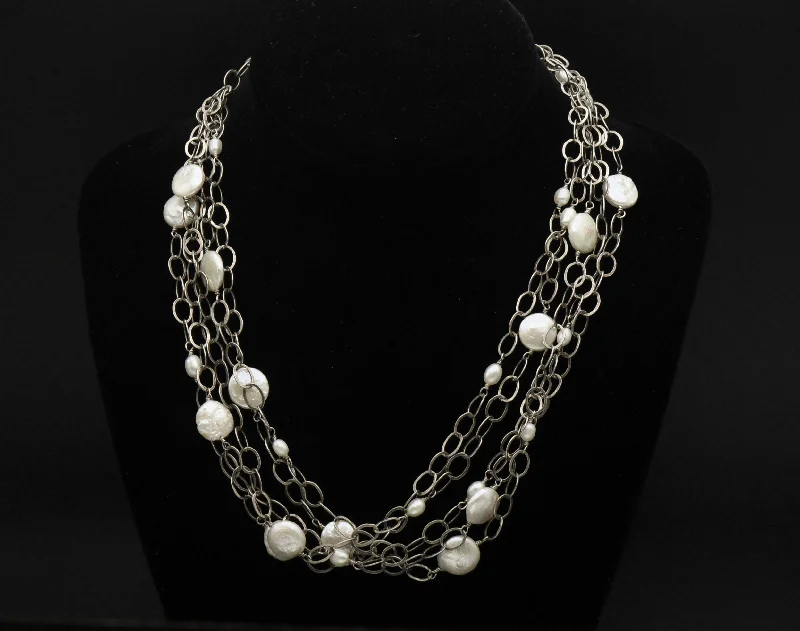 Ladies Necklaces with Leaf Glow-Vintage Handmade Sterling Silver and Pearls Multi-Link Chain Necklace