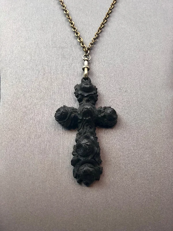 Ladies Necklaces with White Muscovite-Estate Collection - Necklace - Black Cross Pendant on Long Chain