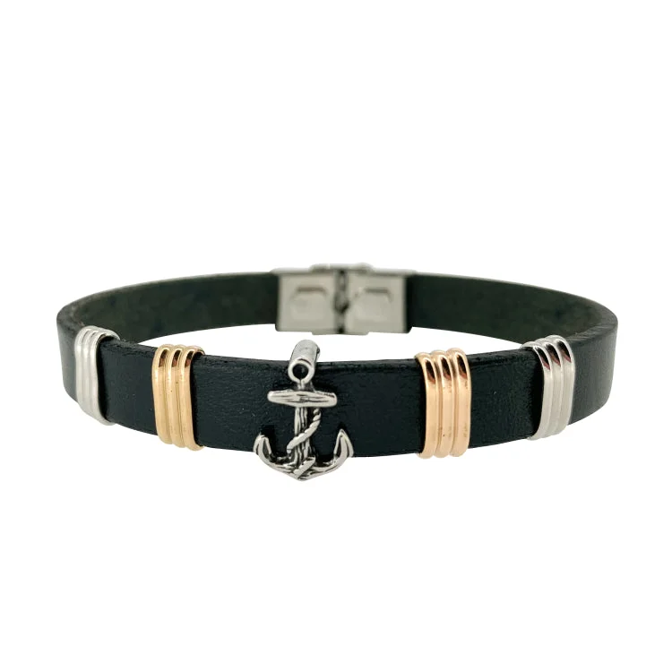 Ladies Bracelets for Festive Shine-Black Leather 1 Cord Bracelet with Rose Gold IP Finish and Center Stainless Steel Anchor