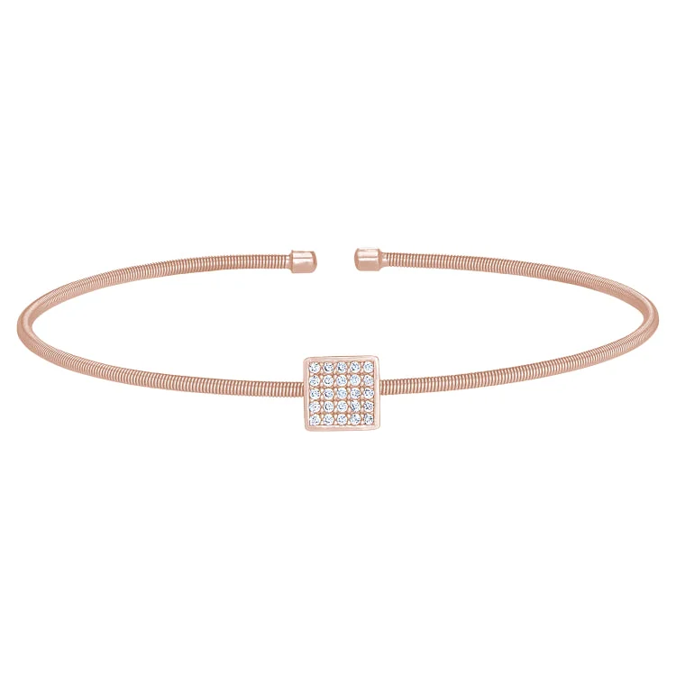 Ladies Bracelets for Artist Glow-Rose Gold Finish Sterling Silver Cable Cuff Square Bracelet with Simulated Diamonds