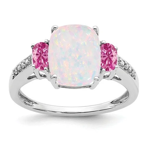 Ladies anniversary gleam rings -14k White Gold Cushion Created Opal, Pink Sapphire And Diamond Ring