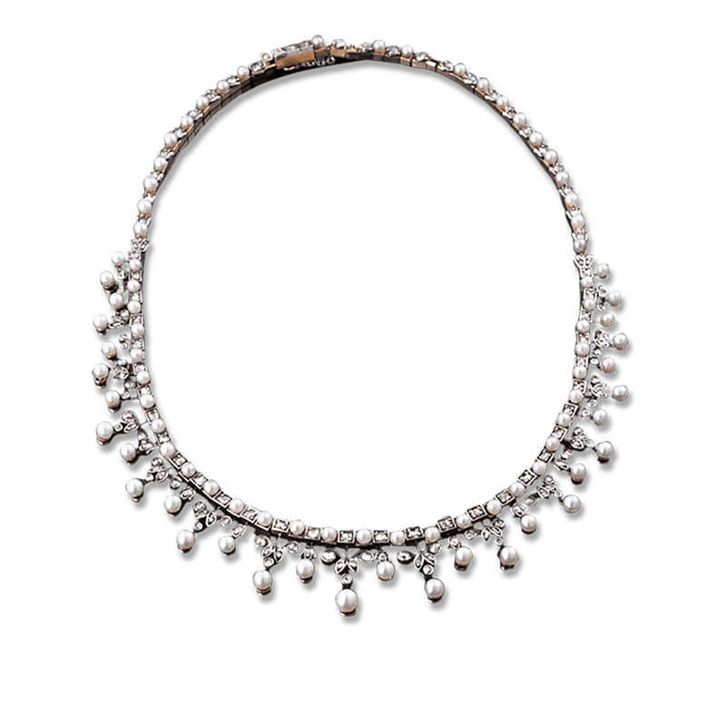 Ladies Necklaces with Clear Natrolite-Antique Pearl and Diamond Necklace