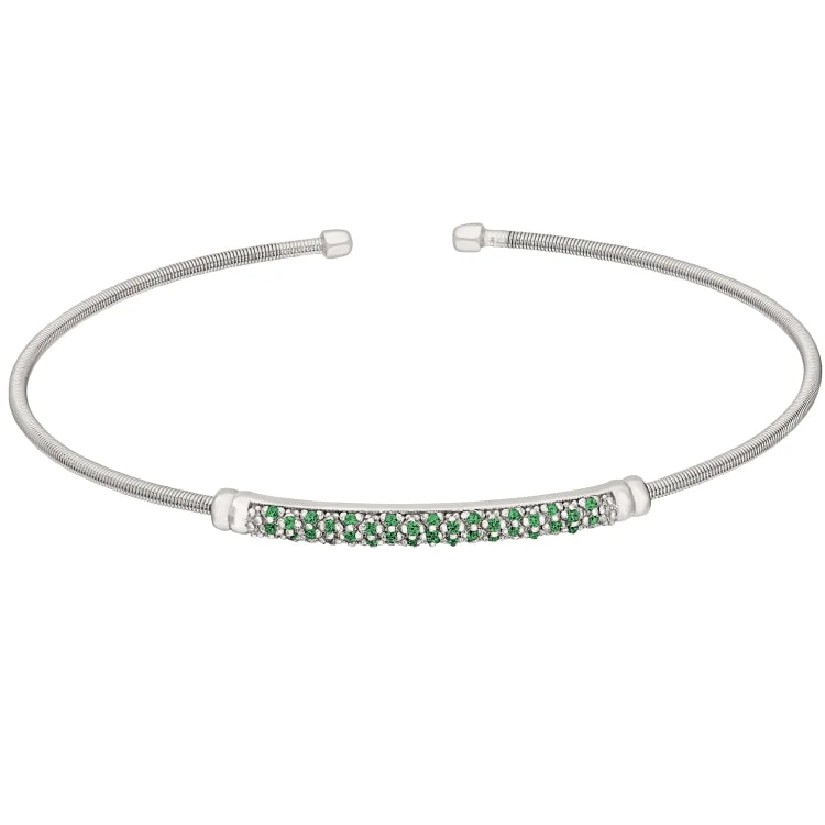 Ladies Bracelets for Friend Shine-Rhodium Finish Sterling Silver Cable Cuff Bracelet with Three Rows of Simulated Emerald Birth Gems - May