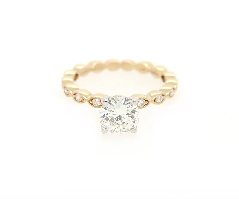 Vow token engagement rings -Gabriel & Co. 1.38ctw Round Diamond Two Tone Milgrain Engagement Ring in 14K