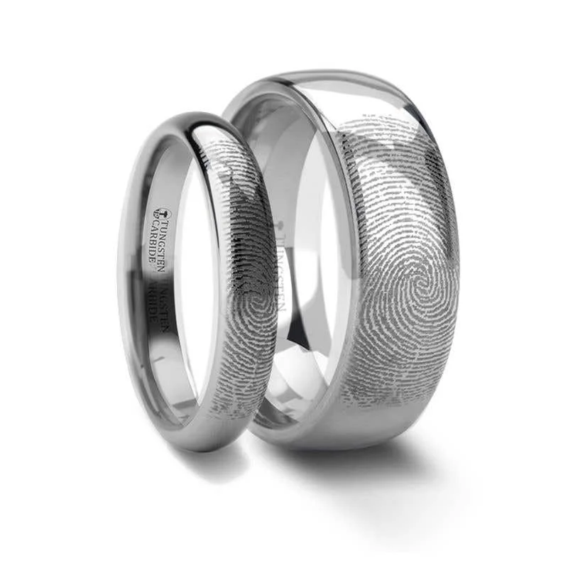 Ladies woodland whisper rings -Matching Ring Set Fingerprint Engraved Domed Tungsten Ring Polished- 4mm & 8mm