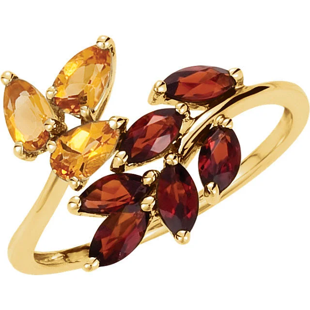 Ladies frosted matte rings -14k Yellow Gold Citrine & Mozambique Garnet Leaf Bypass Ring