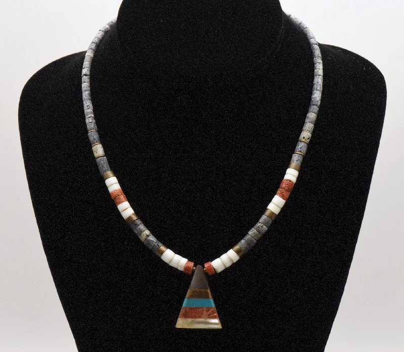 Ladies Necklaces for Dance Spark-Vintage Handmade Beaded Necklace with Triangle Multi-Stone Inlaid Pendant - 17.5"