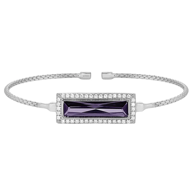 Ladies Bracelets with Oval Spark-Rhodium Finish Sterling Silver Cable Cuff Bracelet with Rectangular Simulated Amethyst Stone and Simulated Diamonds