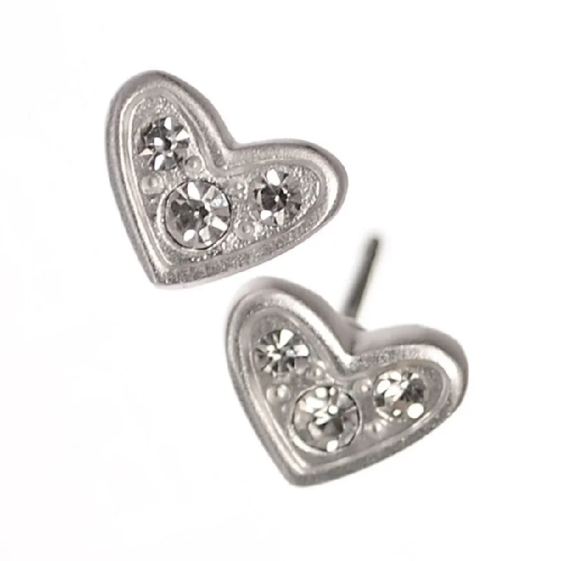 Ladies opulent gold earrings -Hot Tomato Triptych Crystal Matt Silver Heart Stud Earrings