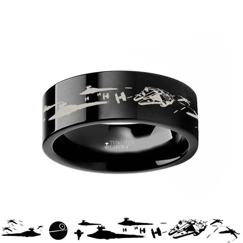 Ladies loving embrace rings -Star Wars A New Hope Death Star Space Battle Black Tungsten Ring Episode IV - 4mm - 12mm