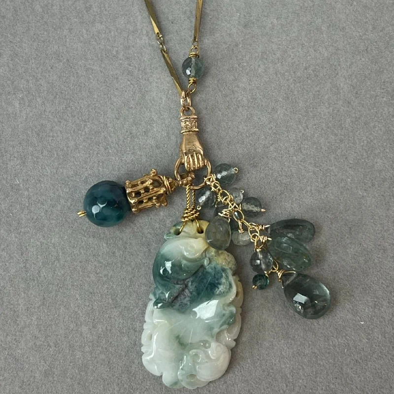 Ladies Necklaces for Dream Spark-Necklace - Vintage Carved Jade on Vintage Twisted Bar Chain