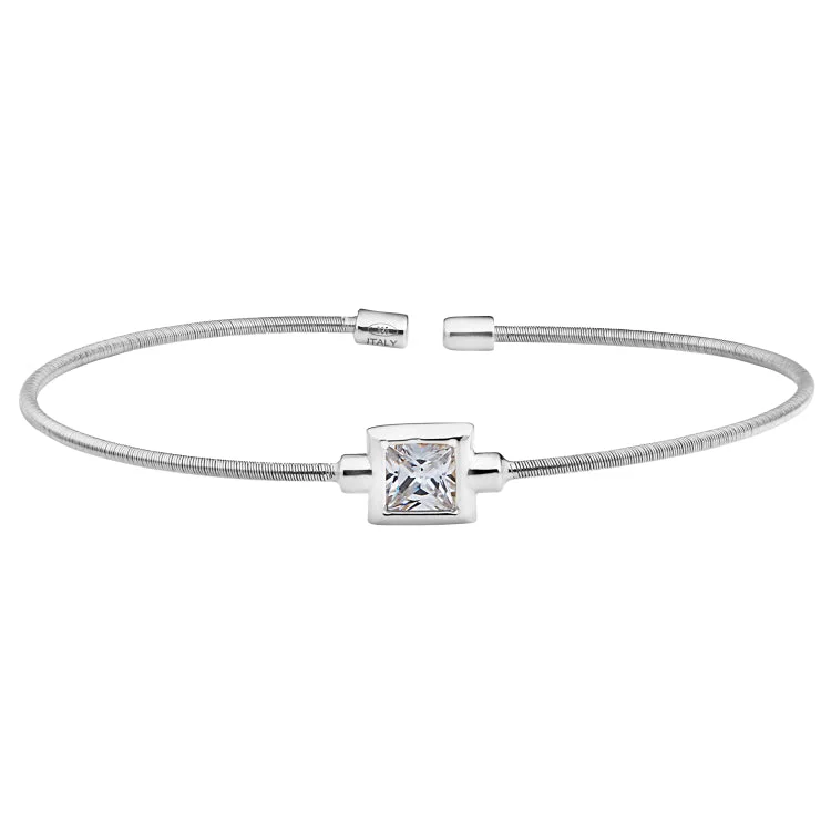 Ladies Bracelets for Bridal Glow-Rhodium Finish Sterling Silver Cable Cuff Bracelet with Princess Cut Simulated Diamond Birth Gem