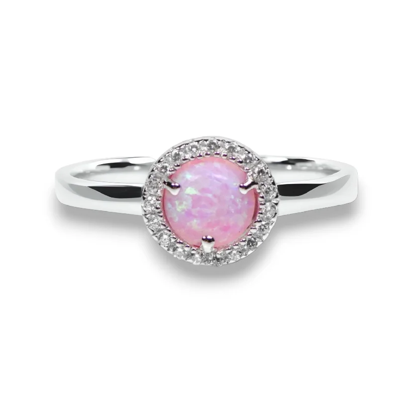 Ladies featherlight minimal rings -Sterling Silver Light Pink Opal and CZ Halo Ring