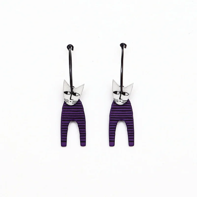 Ladies gala brilliance earrings -Lene Lundberg K-Form Stripey Purple/White Head Cat Earrings