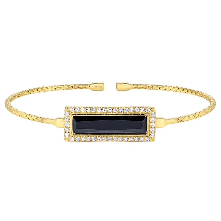 Ladies Bracelets with White Muscovite-Gold Finish Sterling Silver Cable Cuff Bracelet with Rectangular Simulated Onyx Stone and Simulated Diamonds