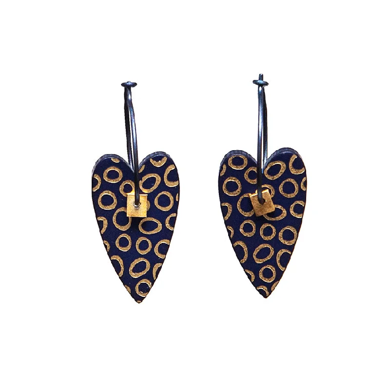 Ladies sleek climber earrings -Lene Lundberg K-Form Navy and Gold Heart Earrings