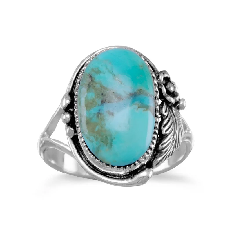 Ladies birthday sparkle rings -Sterling Silver Oval Turquoise Floral Design Ring