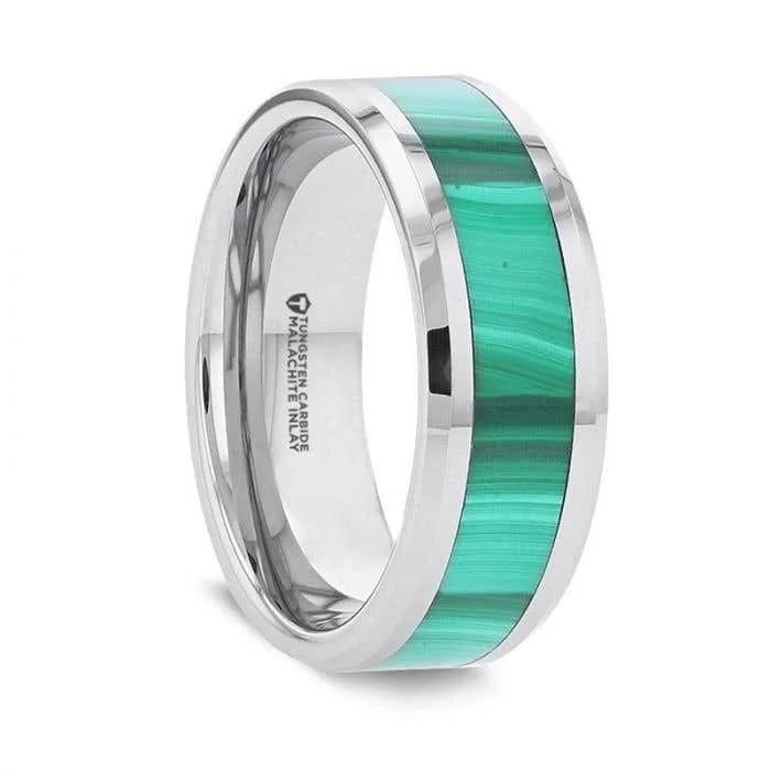 Ladies tactile texture rings -Thorsten MAHI Malachite Inlay Tungsten Carbide Ring with Polished Beveled Edges - 8mm